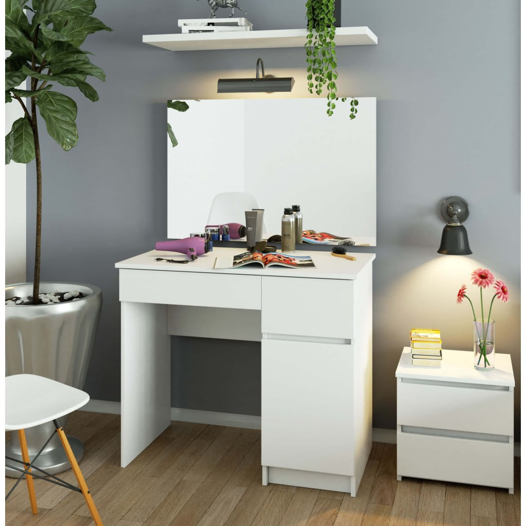 Masa de toaleta si machiaj cu oglinda mare, 2 sertare si dulap, PAL laminat 16 mm, 90x50x142 cm, alba — imaginea 5