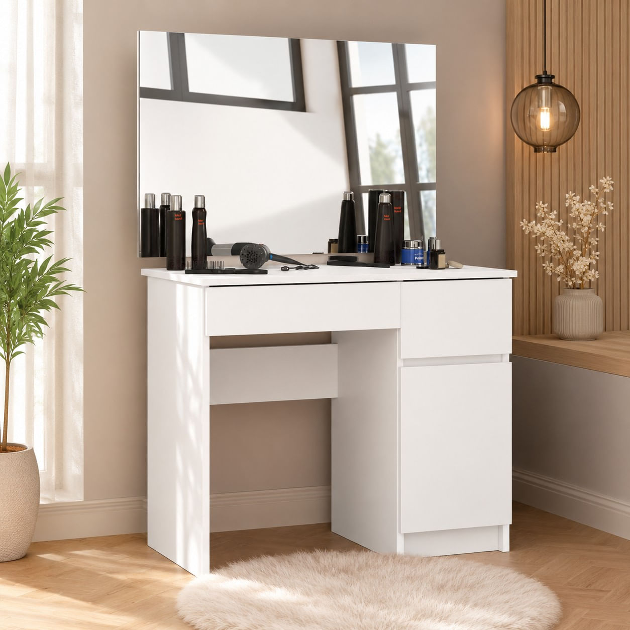 Masa de toaleta si machiaj cu oglinda mare, 2 sertare si dulap, PAL laminat 16 mm, 90x50x142 cm, alba — imaginea 7