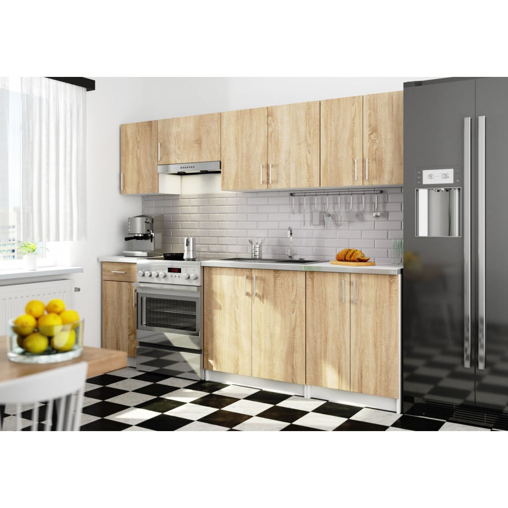 Set mobila bucatarie Lima 240 cm, cu blat alb, PAL laminat, 7 corpuri, 240x45x203 cm, stejar sonoma — imaginea 2