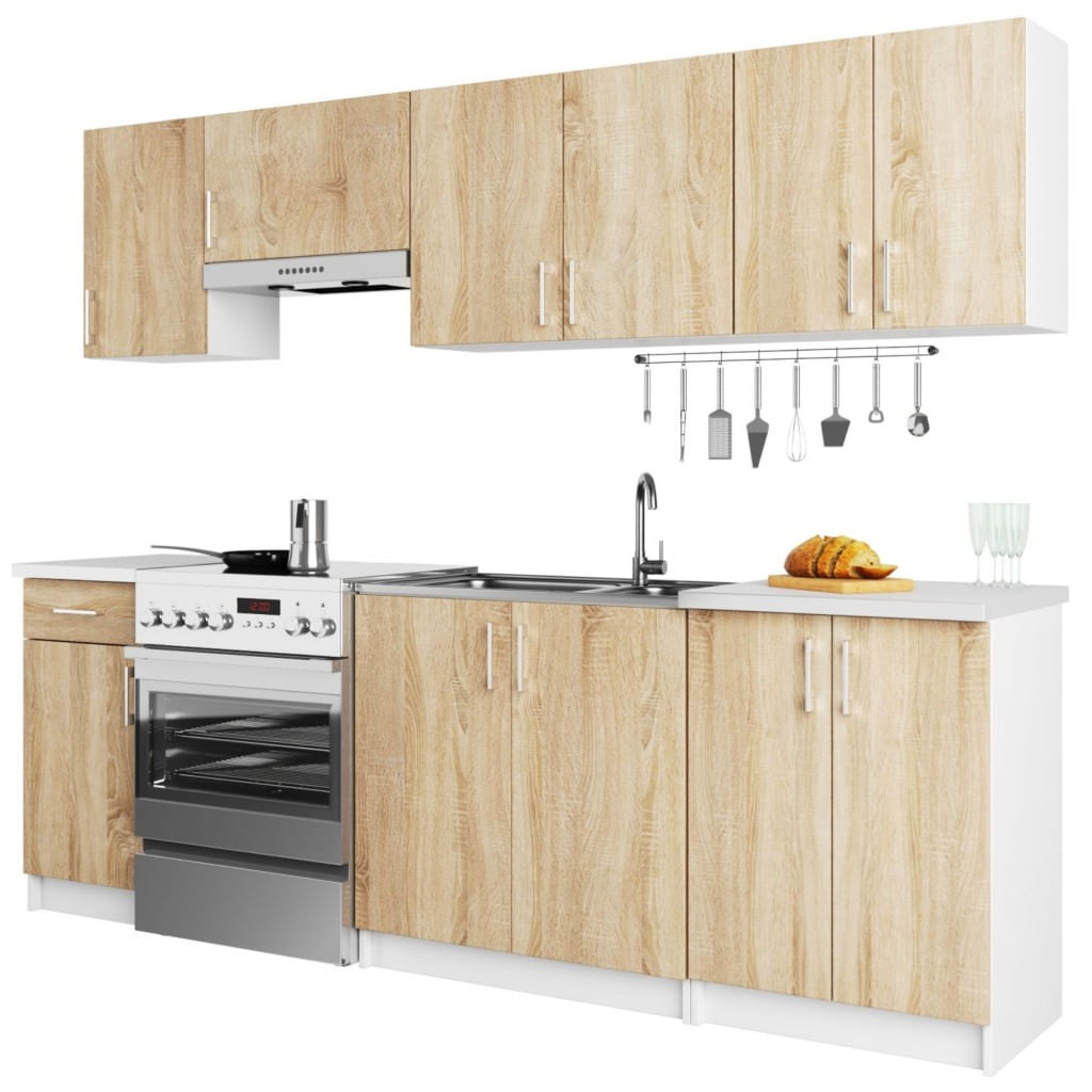 Set mobila bucatarie Lima 240 cm, cu blat alb, PAL laminat, 7 corpuri, 240x45x203 cm, stejar sonoma — imaginea 5