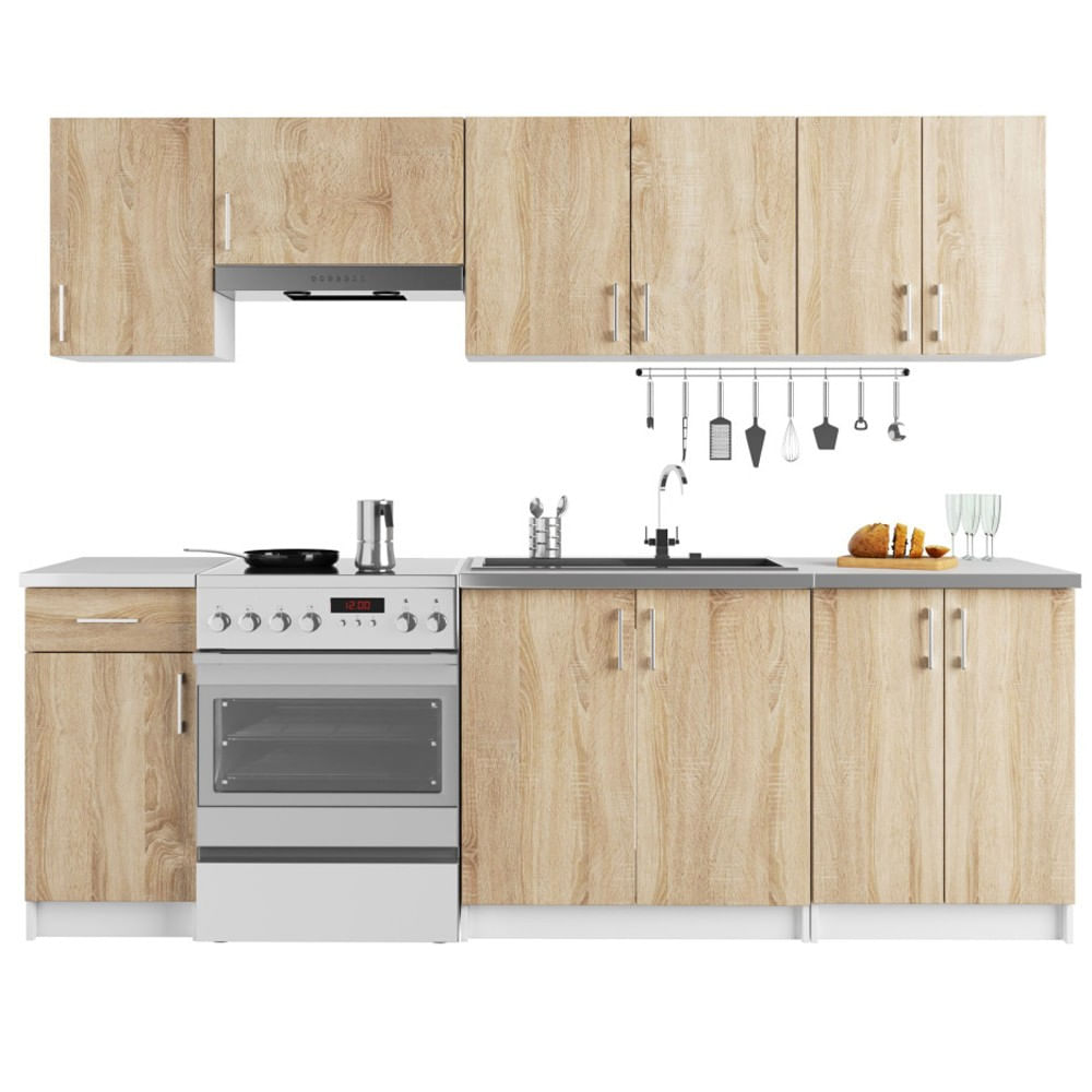 Set mobila bucatarie Lima 240 cm, cu blat alb, PAL laminat, 7 corpuri, 240x45x203 cm, stejar sonoma — imaginea 6