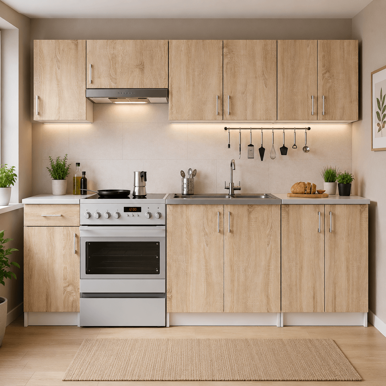 Set mobila bucatarie Lima 240 cm, cu blat alb, PAL laminat, 7 corpuri, 240x45x203 cm, stejar sonoma — imaginea 7