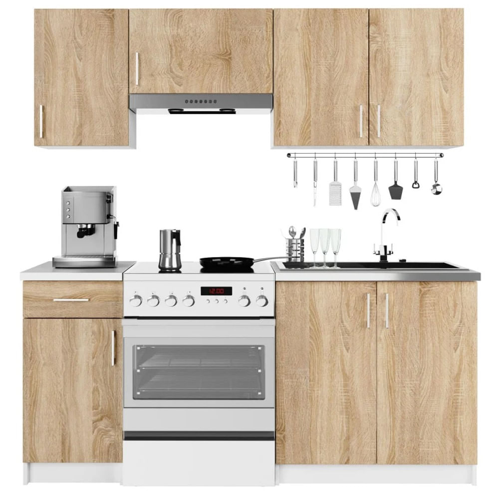 Set mobila bucatarie Lima 180 cm, cu blat alb, PAL laminat, 5 corpuri, 180x45x203 cm, stejar sonoma — imaginea 2