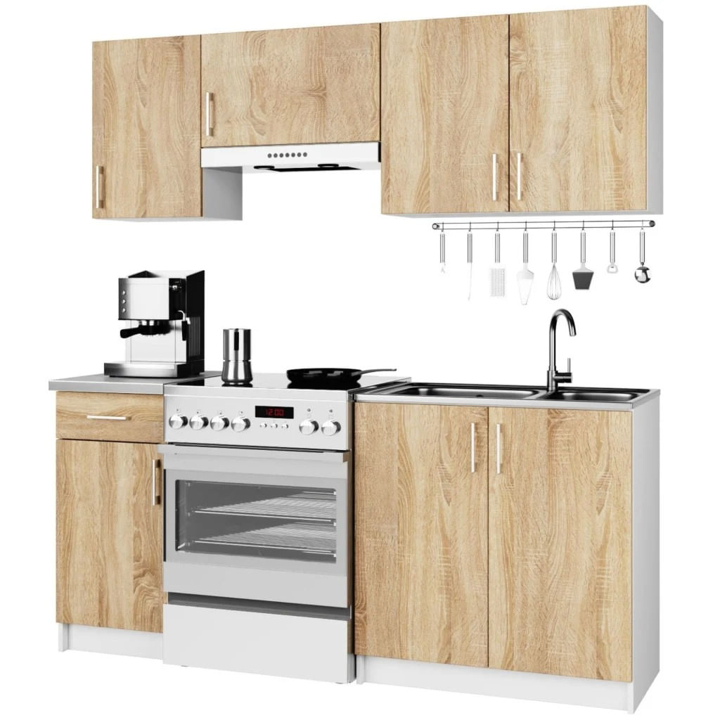 Set mobila bucatarie Lima 180 cm, cu blat alb, PAL laminat, 5 corpuri, 180x45x203 cm, stejar sonoma — imaginea 3