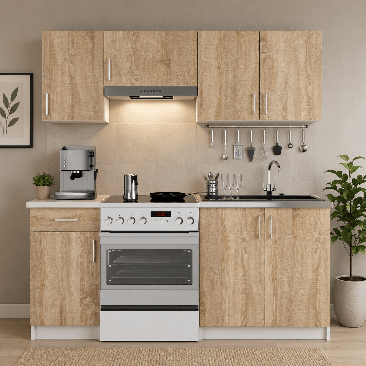 Set mobila bucatarie Lima 180 cm, cu blat alb, PAL laminat, 5 corpuri, 180x45x203 cm, stejar sonoma — imaginea 6