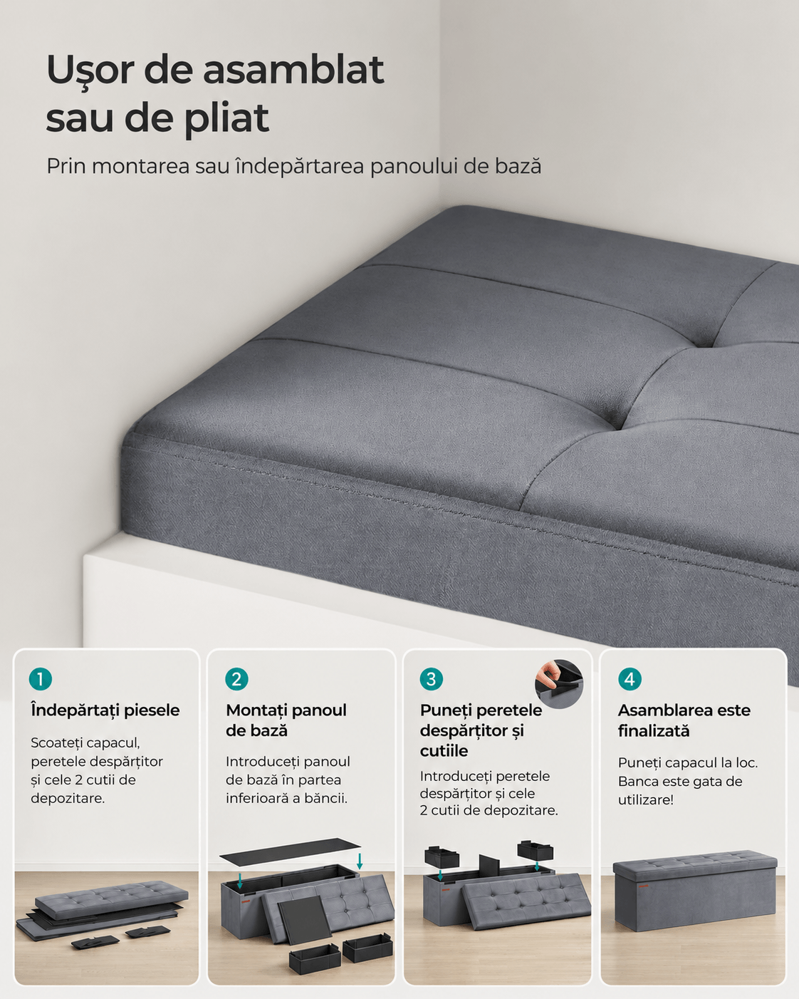 Bancuta pliabila cu spatiu de depozitare, catifea matlasata, 38x110x38 cm, capacitate 300 kg, gri — imaginea 6