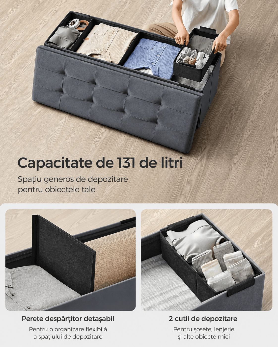 Bancuta pliabila cu spatiu de depozitare, catifea matlasata, 38x110x38 cm, capacitate 300 kg, gri — imaginea 7