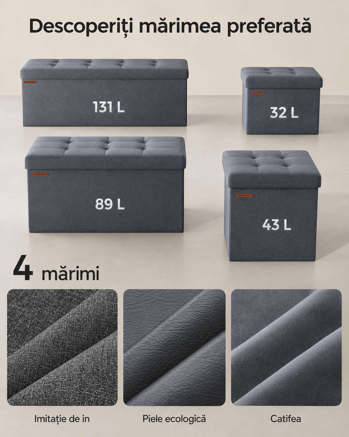 Bancuta pliabila cu spatiu de depozitare, catifea matlasata, 38x110x38 cm, capacitate 300 kg, gri — imaginea 8