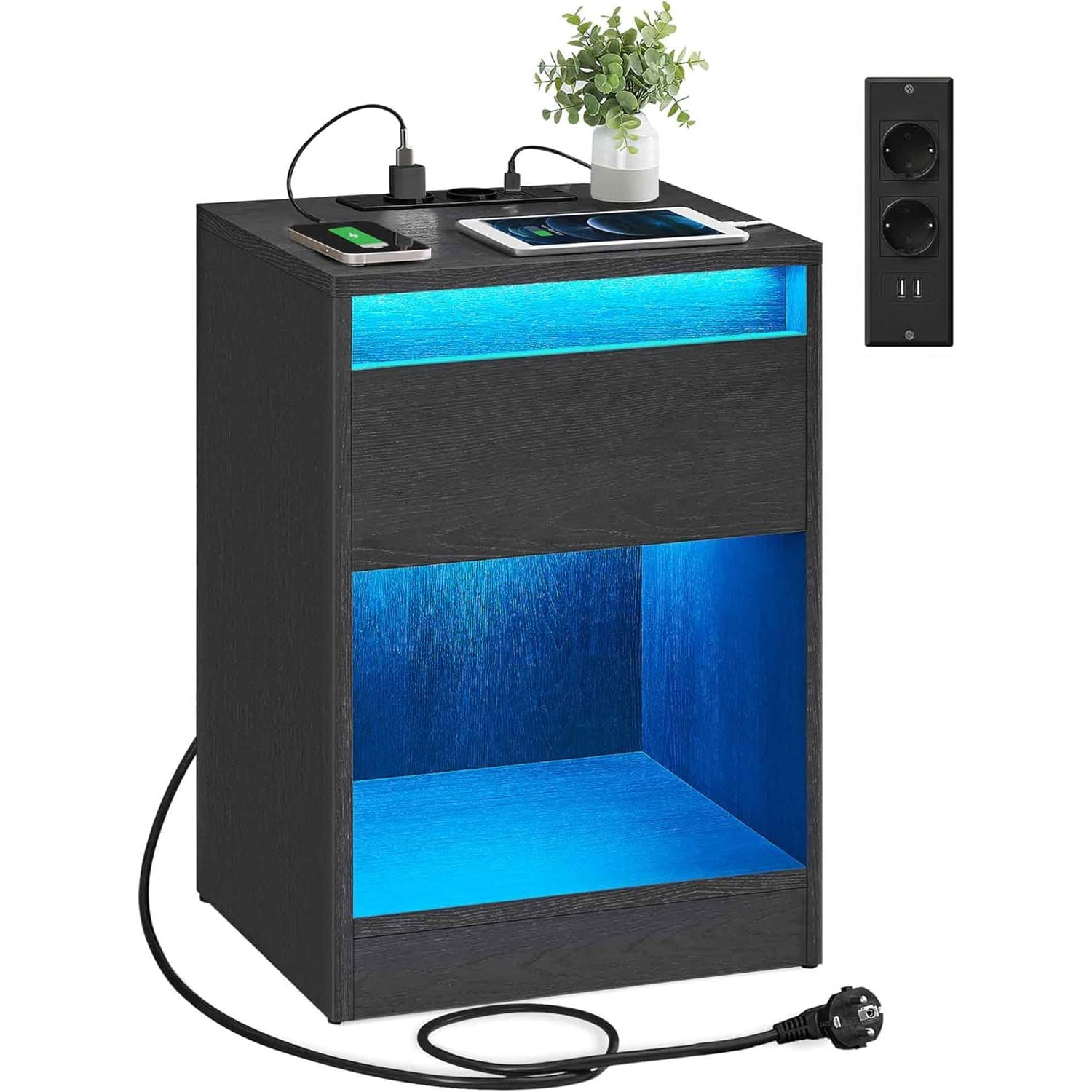 Noptiera cu iluminare LED reglabila, prize si porturi USB, sertar si raft, MDF si PAL, 40x35x55 cm, negru — imaginea 2