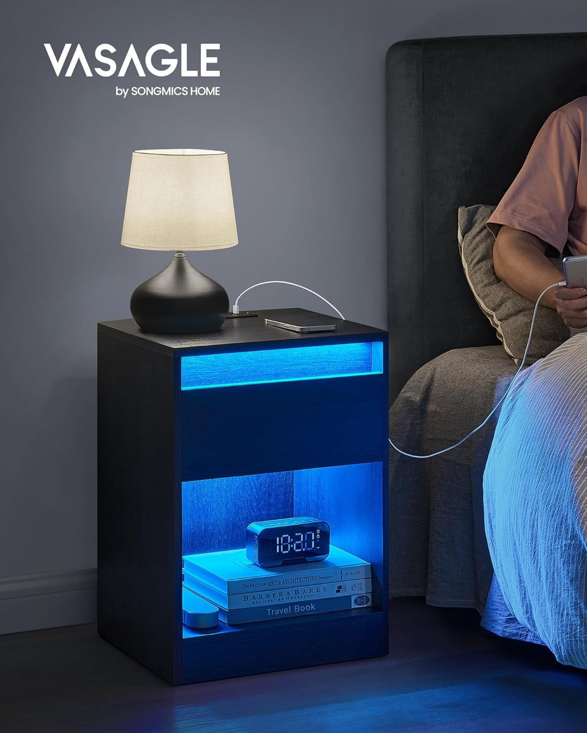 Noptiera cu iluminare LED reglabila, prize si porturi USB, sertar si raft, MDF si PAL, 40x35x55 cm, negru — imaginea 3
