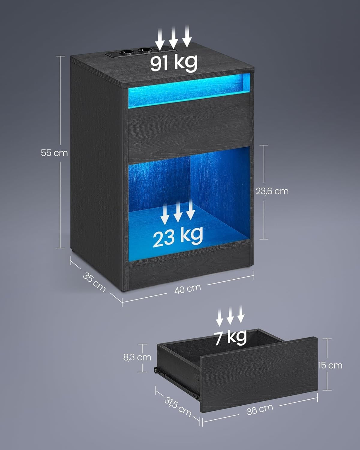 Noptiera cu iluminare LED reglabila, prize si porturi USB, sertar si raft, MDF si PAL, 40x35x55 cm, negru — imaginea 4