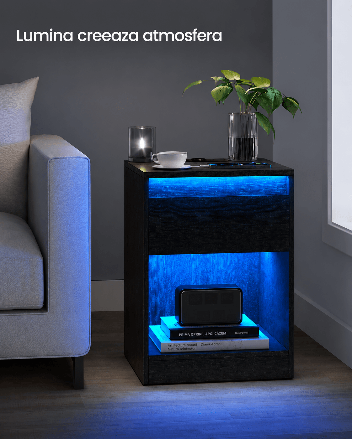 Noptiera cu iluminare LED reglabila, prize si porturi USB, sertar si raft, MDF si PAL, 40x35x55 cm, negru — imaginea 5
