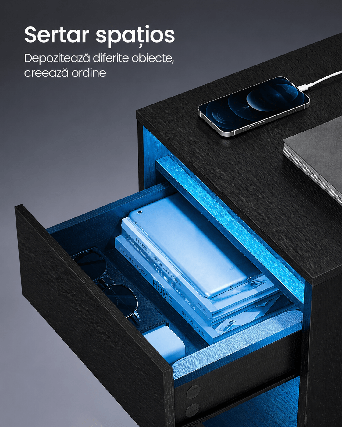 Noptiera cu iluminare LED reglabila, prize si porturi USB, sertar si raft, MDF si PAL, 40x35x55 cm, negru — imaginea 6