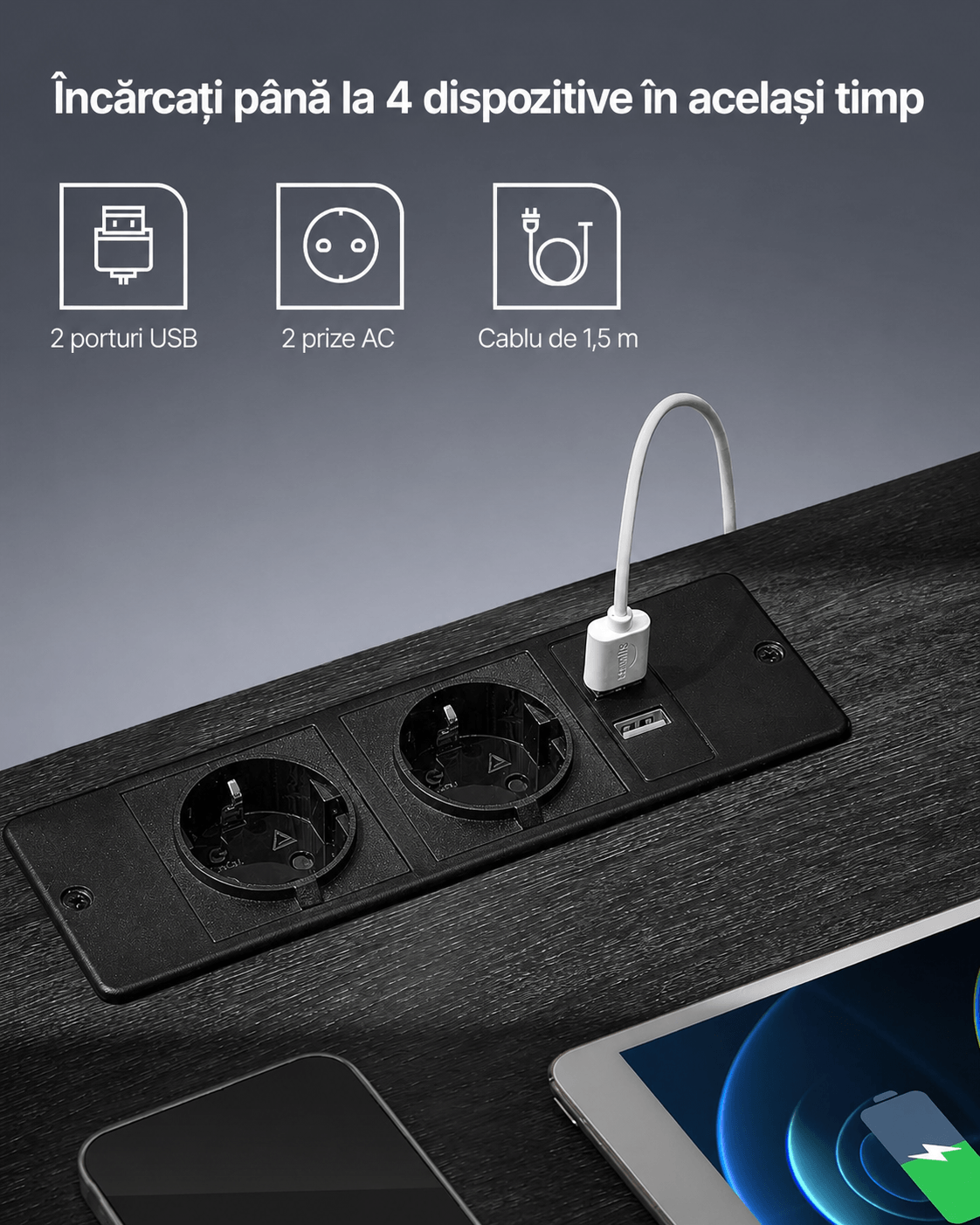 Noptiera cu iluminare LED reglabila, prize si porturi USB, sertar si raft, MDF si PAL, 40x35x55 cm, negru — imaginea 7