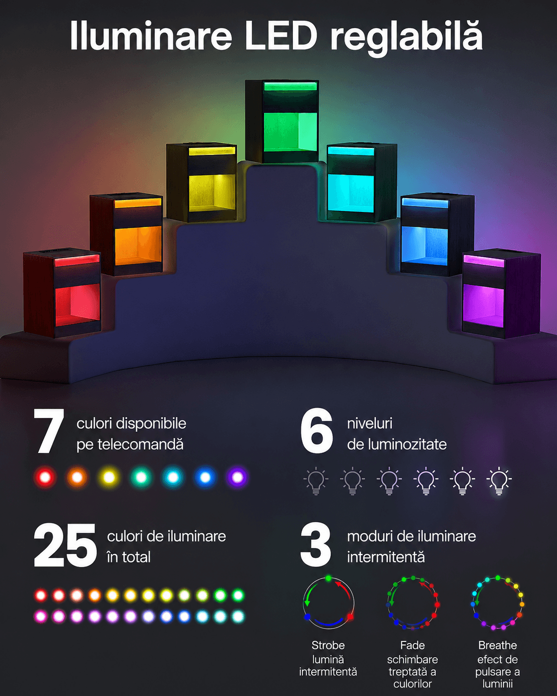 Noptiera cu iluminare LED reglabila, prize si porturi USB, sertar si raft, MDF si PAL, 40x35x55 cm, negru — imaginea 8
