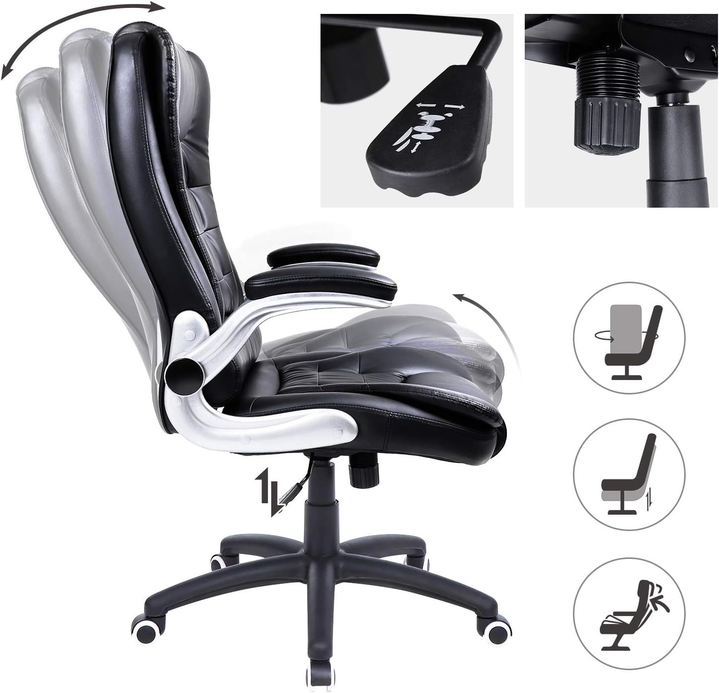 Scaun de birou ergonomic cu tetiera, spatar inalt, brate rabatabile, maxim 150 kg, 76x70x(111-121) cm, negru — imaginea 3