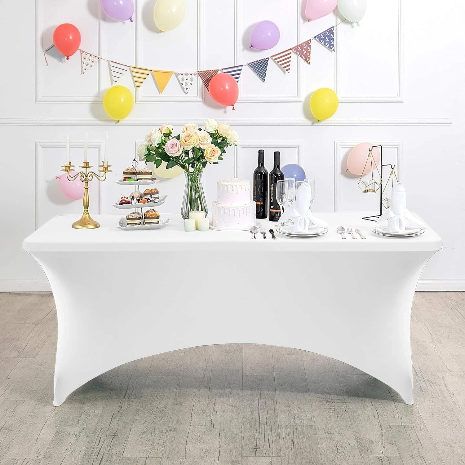 Husa elastica pentru masa gradina sau evenimente, poliester si spandex, 240x76x74 cm, alb — imaginea 6