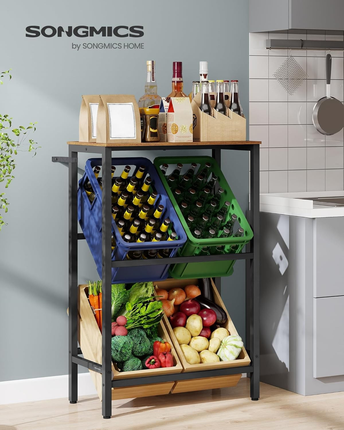 Suport pentru lazi de legume sau bauturi cu 2 niveluri, pentru 4 lazi, cadru metalic, 70x40x117 cm, maro rustic — imaginea 2
