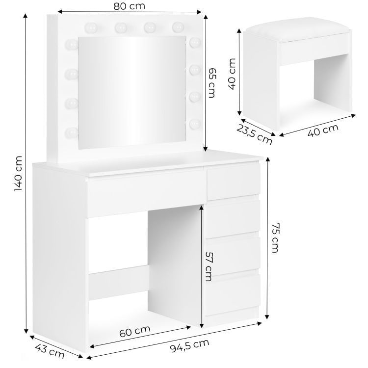 Masa de toaleta si machiaj Hollywood Pro, alba, cu 5 sertare, oglinda si 12 LED-uri, taburet tapitat, 94x43x140 cm — imaginea 2