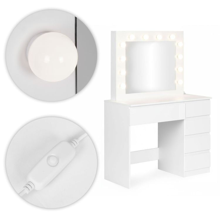 Masa de toaleta si machiaj Hollywood Pro, alba, cu 5 sertare, oglinda si 12 LED-uri, taburet tapitat, 94x43x140 cm — imaginea 4