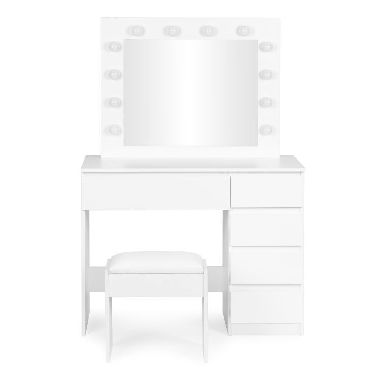 Masa de toaleta si machiaj Hollywood Pro, alba, cu 5 sertare, oglinda si 12 LED-uri, taburet tapitat, 94x43x140 cm — imaginea 5