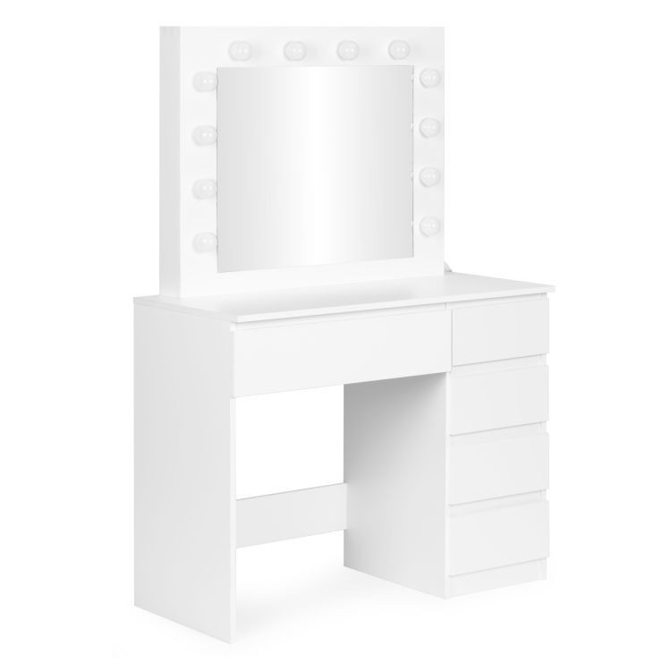 Masa de toaleta si machiaj Hollywood Pro, alba, cu 5 sertare, oglinda si 12 LED-uri, taburet tapitat, 94x43x140 cm — imaginea 6