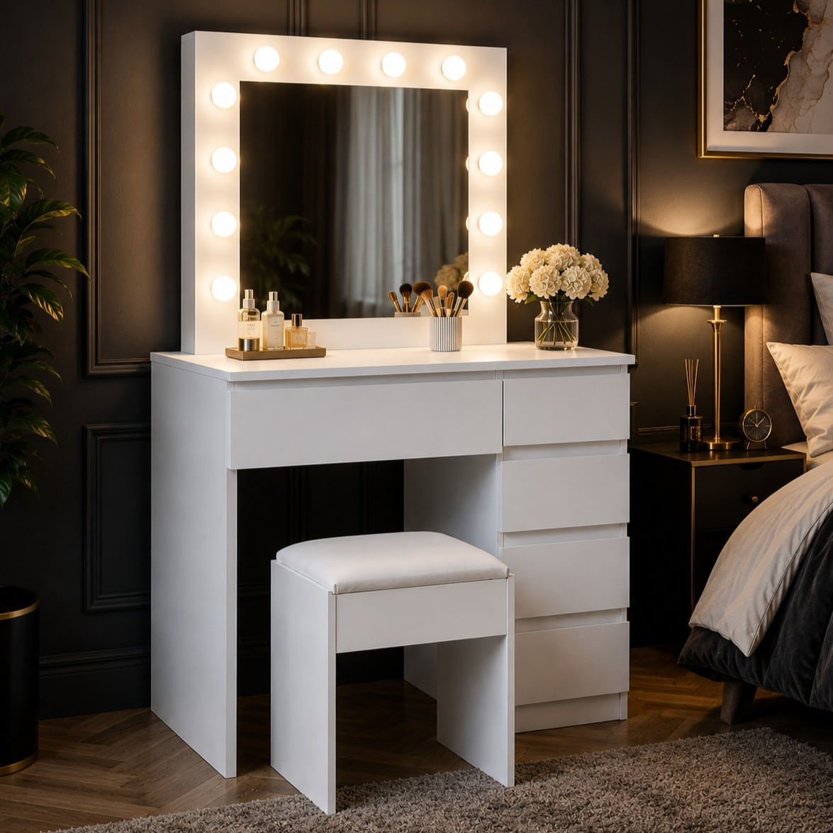 Masa de toaleta si machiaj Hollywood Pro, alba, cu 5 sertare, oglinda si 12 LED-uri, taburet tapitat, 94x43x140 cm — imaginea 8