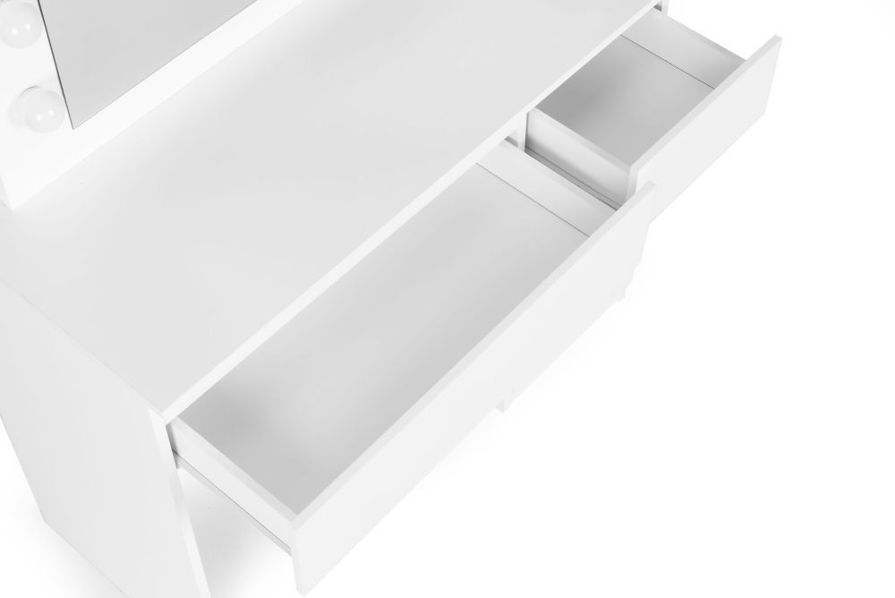 Masa de toaleta si machiaj Hollywood Pro, alba, cu 5 sertare, oglinda si 12 LED-uri, taburet tapitat, 94x43x140 cm — imaginea 10