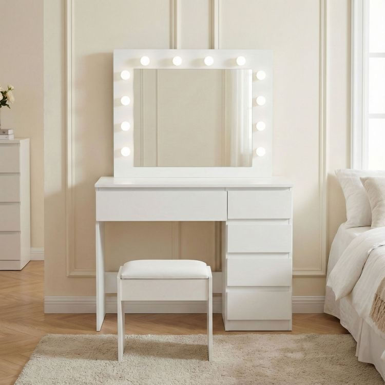 Masa de toaleta si machiaj Hollywood Pro, alba, cu 5 sertare, oglinda si 12 LED-uri, taburet tapitat, 94x43x140 cm — imaginea 11