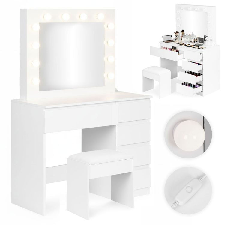 Masa de toaleta si machiaj Hollywood Pro, alba, cu 5 sertare, oglinda si 12 LED-uri, taburet tapitat, 94x43x140 cm — imaginea 12