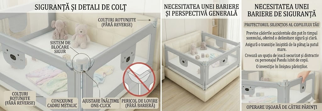 Set 3 Bariere Siguranta Pat Copil HappyKID 3x200cm Gri, Inaltime Reglabila 68-98cm, Protectie Cadere Bebelusi, Universal