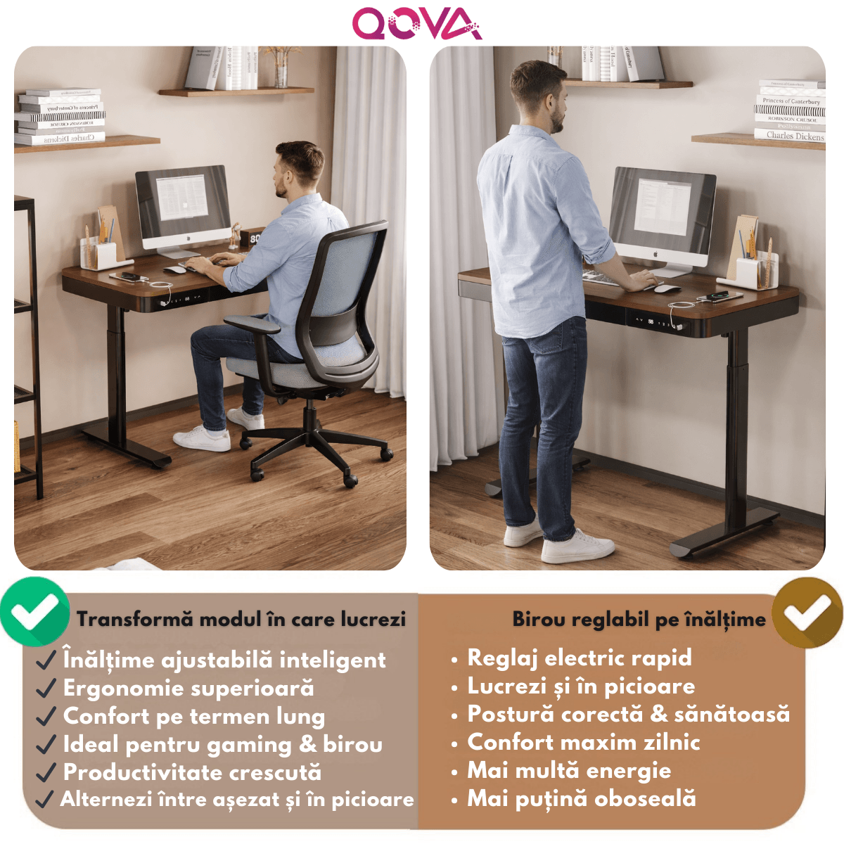 Birou Reglabil Electric pe inaltime, QOVA®, cu Sertar depozitare, Porturi USB-A & USB-C pentru incarcare, Ajustabila — imaginea 2