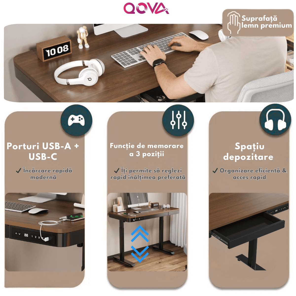 Birou Reglabil Electric pe inaltime, QOVA®, cu Sertar depozitare, Porturi USB-A & USB-C pentru incarcare, Ajustabila — imaginea 3