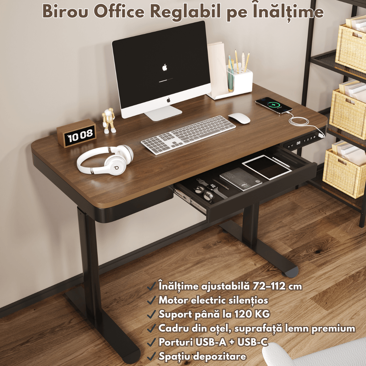 Birou Reglabil Electric pe inaltime, QOVA®, cu Sertar depozitare, Porturi USB-A & USB-C pentru incarcare, Ajustabila — imaginea 5
