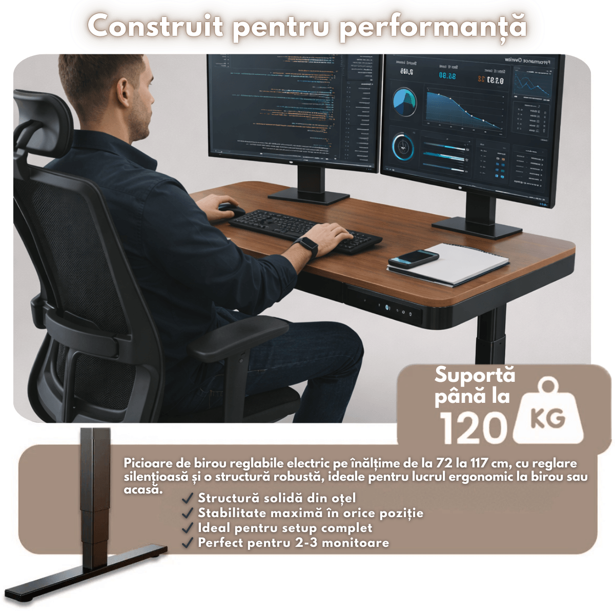 Birou Reglabil Electric pe inaltime, QOVA®, cu Sertar depozitare, Porturi USB-A & USB-C pentru incarcare, Ajustabila — imaginea 6