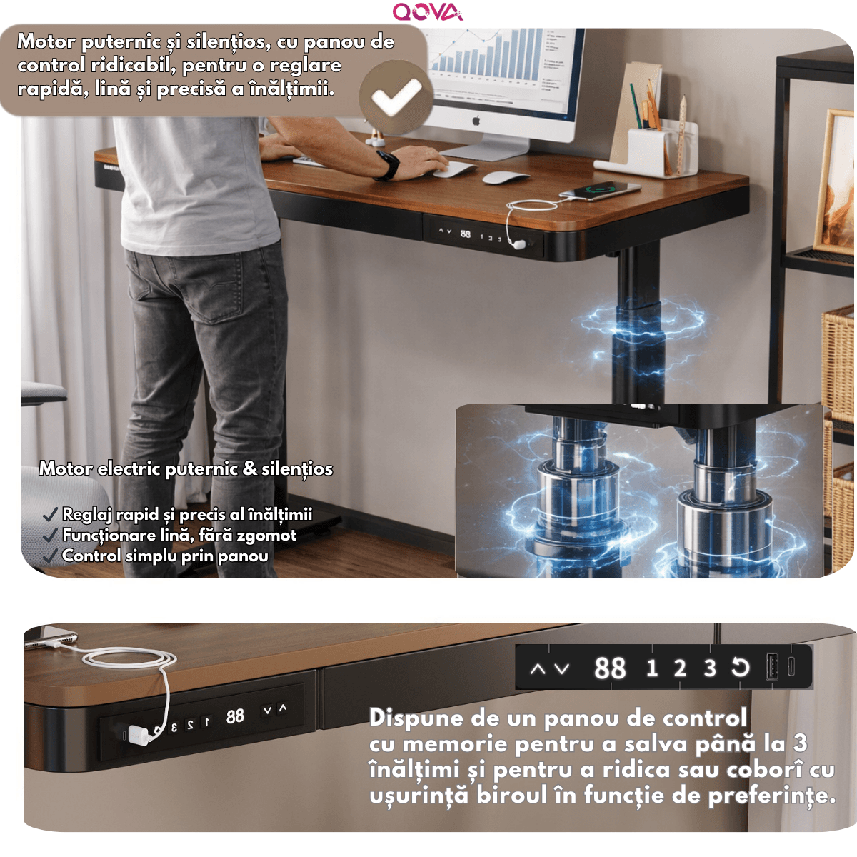 Birou Reglabil Electric pe inaltime, QOVA®, cu Sertar depozitare, Porturi USB-A & USB-C pentru incarcare, Ajustabila — imaginea 8