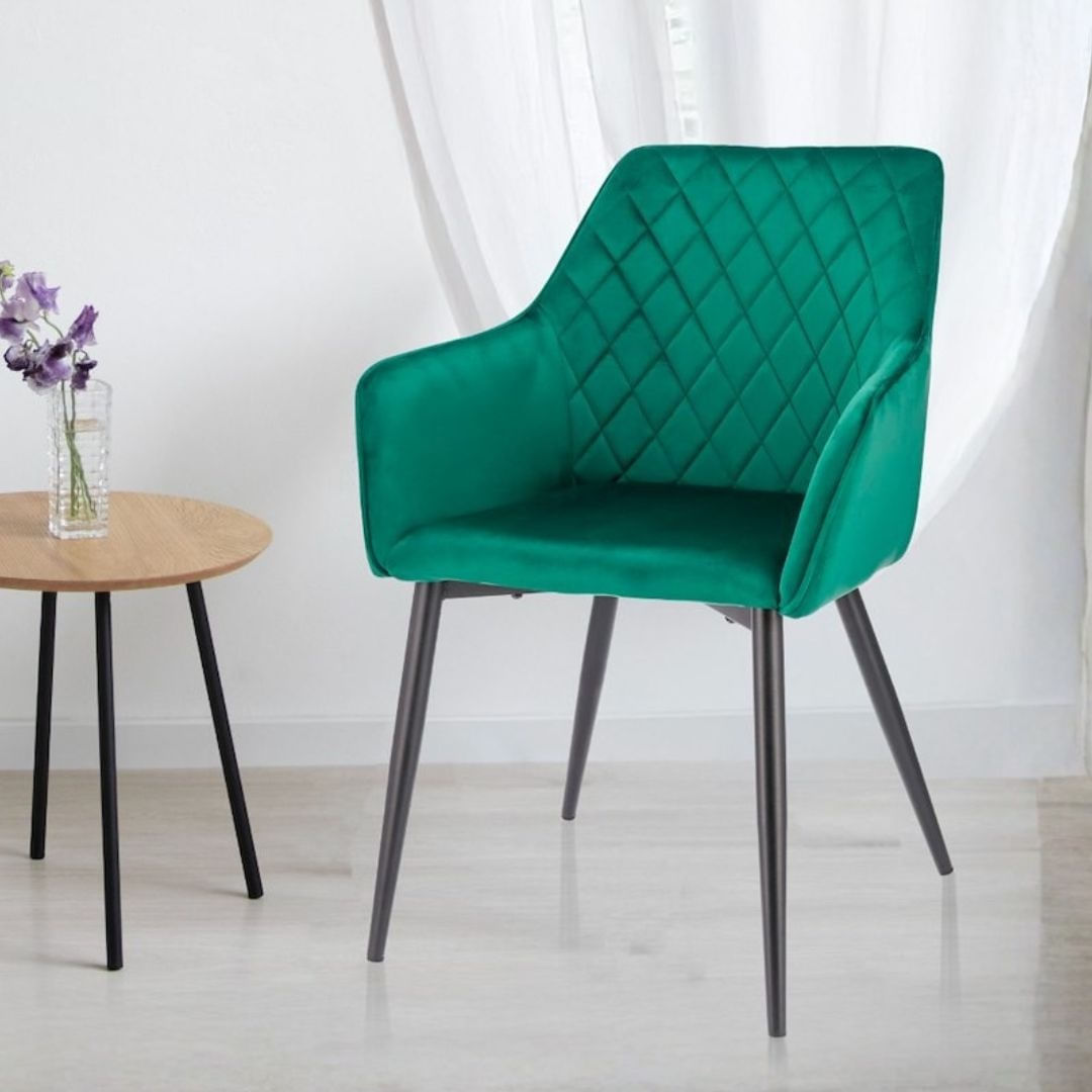 Scaun tapitat din catifea verde, APIS, cu picioare metalice – design modern, confortabil, brand Jumi — imaginea 2