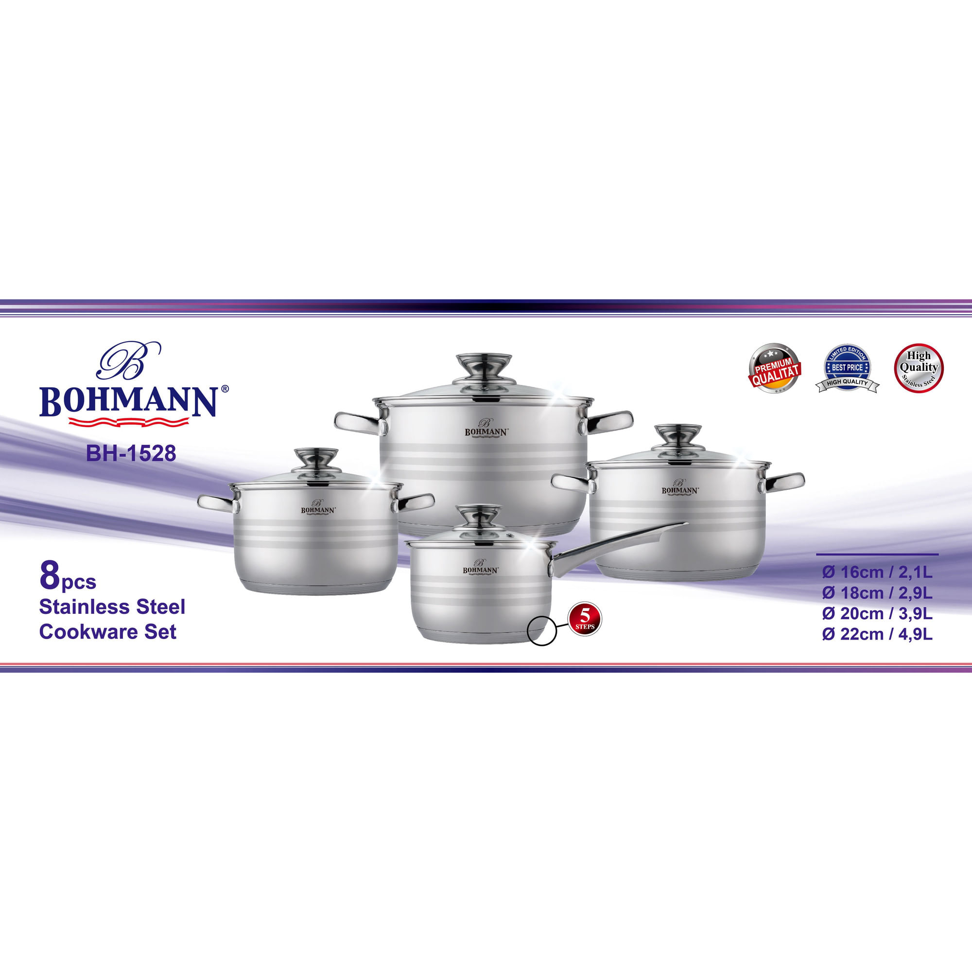 Set de vase din inox, BOHMANN BH-1528 , 8 piese: Ø 16cm / 2,1L, Ø 18cm / 2,9L, Ø 20cm / 3,9L, Ø 22cm / 4,9L — imaginea 3