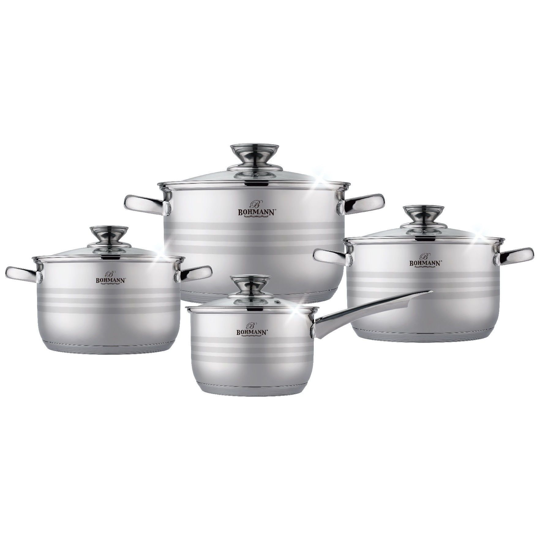 Set de vase din inox, BOHMANN BH-1528 , 8 piese: Ø 16cm / 2,1L, Ø 18cm / 2,9L, Ø 20cm / 3,9L, Ø 22cm / 4,9L — imaginea 4