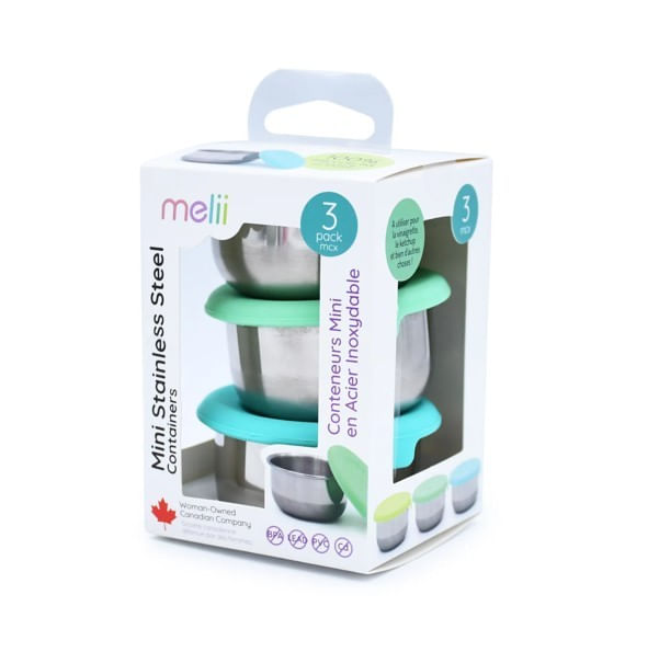 Set 3 recipiente mini inox cu capac silicon, melii, bleu mint lime