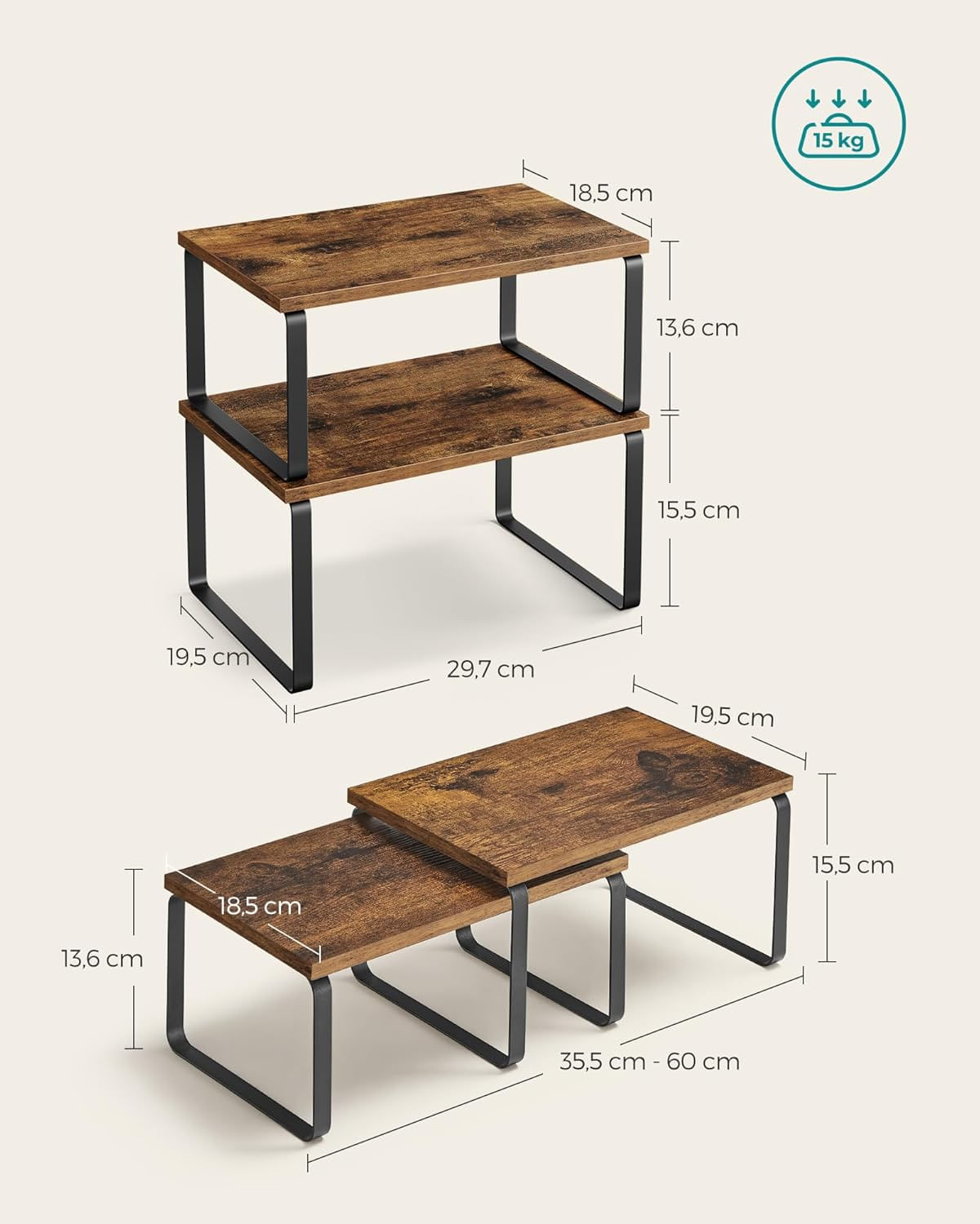 Raft organizator condimente extensibil set 2 bucati, metal si PAL, suprapozabil, 30x20x16 cm, maro rustic — imaginea 2