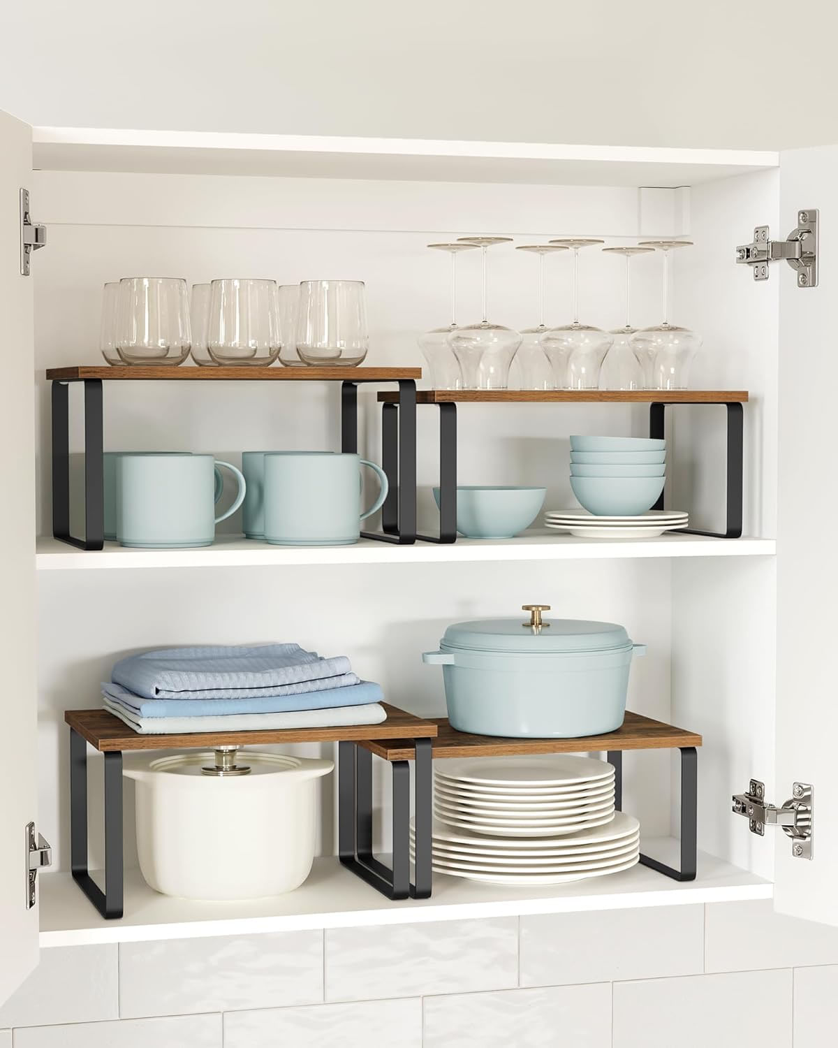 Raft organizator condimente extensibil set 2 bucati, metal si PAL, suprapozabil, 30x20x16 cm, maro rustic — imaginea 3