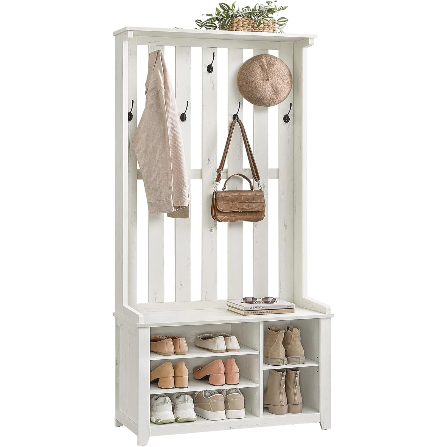 Cuier pentru hol cu banca, raft pantofi si 7 carlige duble, 81x35x180 cm, alb rustic — imaginea 2