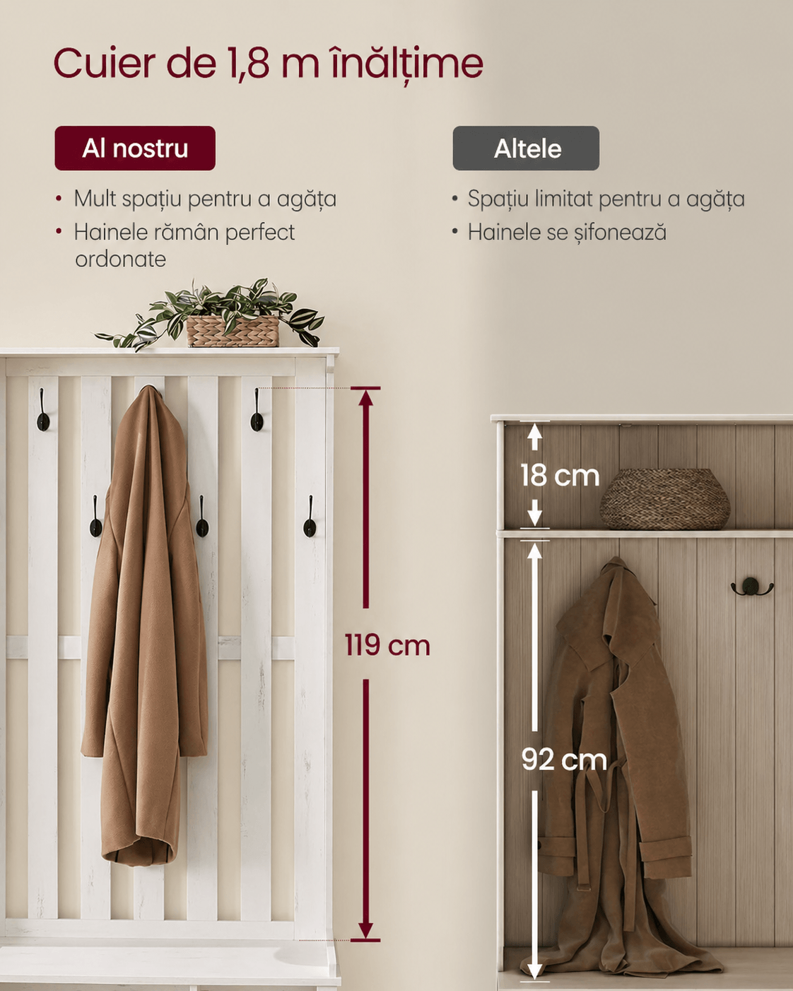 Cuier pentru hol cu banca, raft pantofi si 7 carlige duble, 81x35x180 cm, alb rustic — imaginea 5