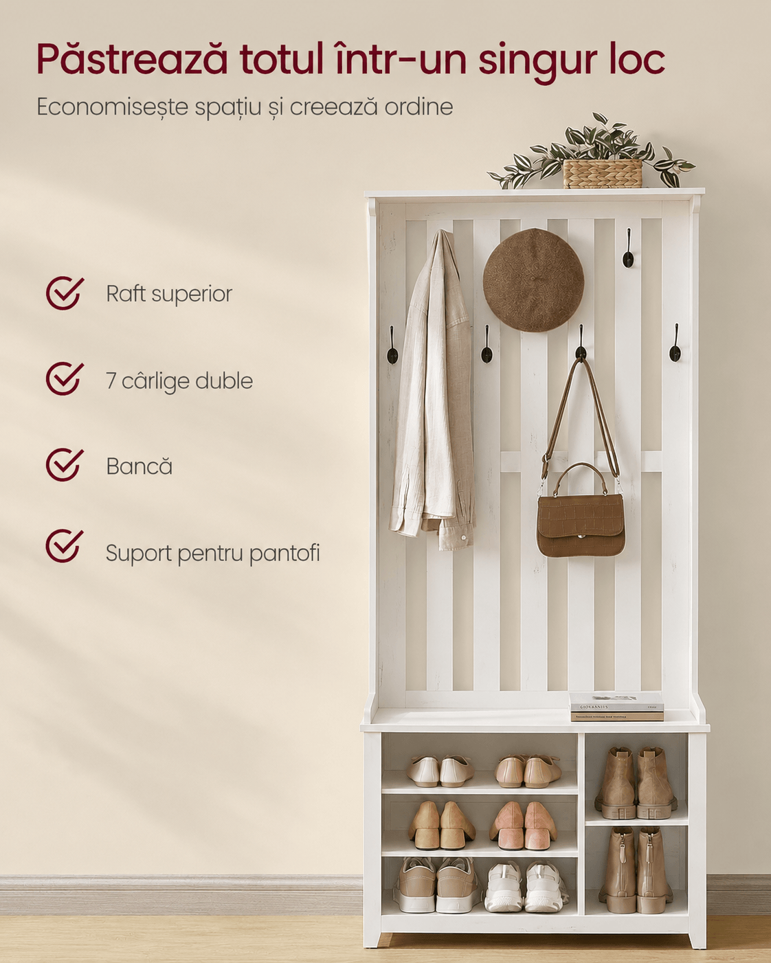 Cuier pentru hol cu banca, raft pantofi si 7 carlige duble, 81x35x180 cm, alb rustic — imaginea 6