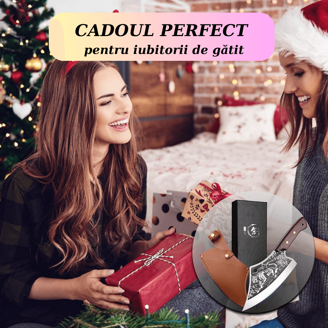 Satar, cutit de bucatarie, din otel inoxidabil, maner lemn, anti-alunecare, teaca din piele inclusa — imaginea 6