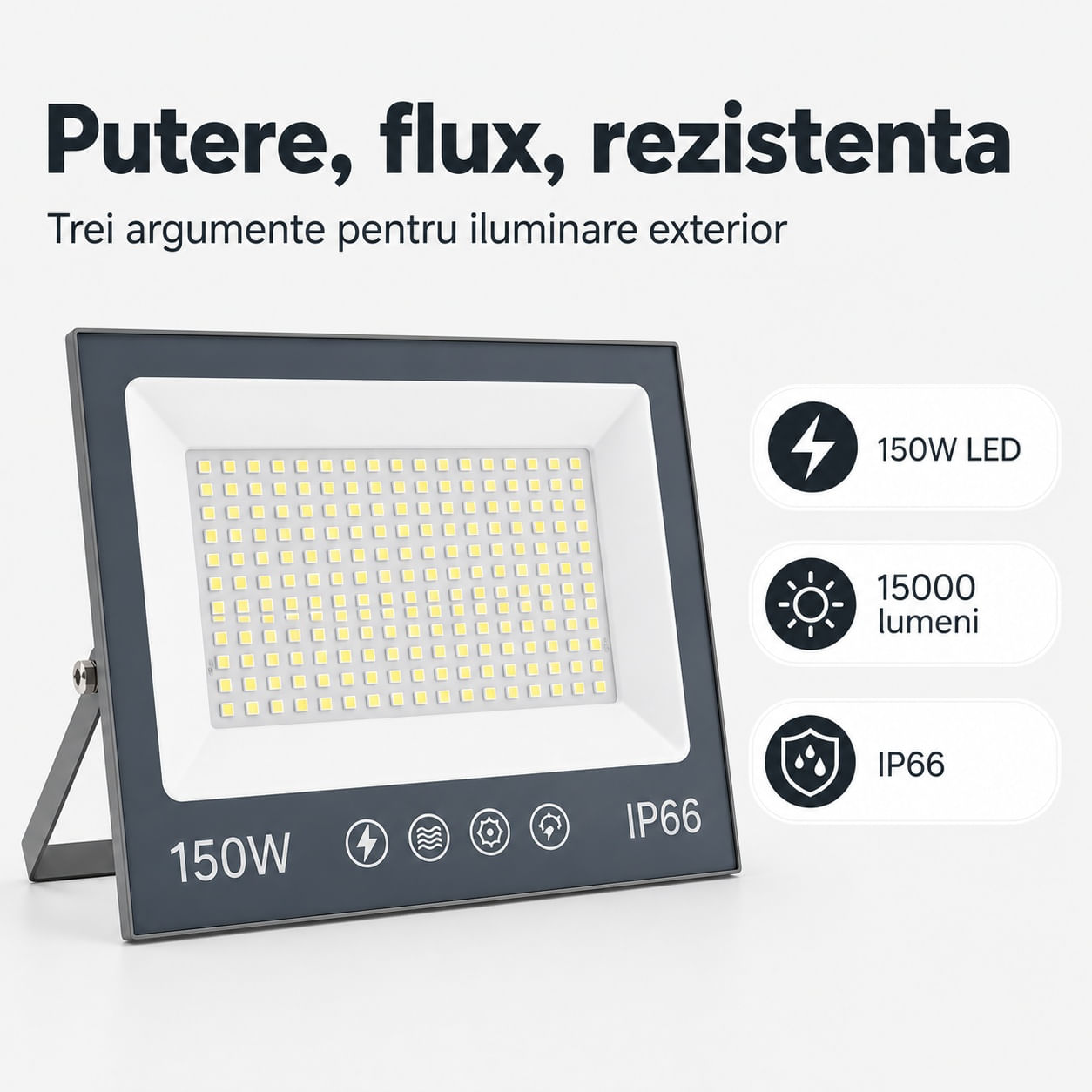 Proiector cu LED-uri de 150W, 15000LM, pentru exterior sau interior, IP66, din sticla mata anti-orbire — imaginea 5