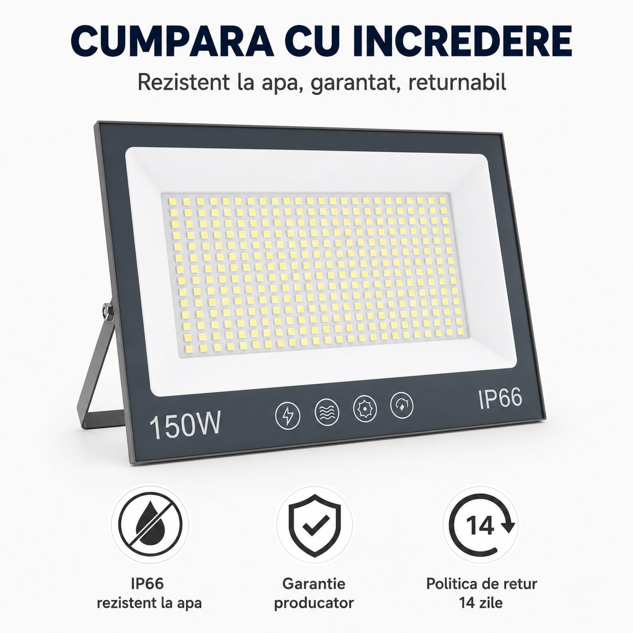 Proiector cu LED-uri de 150W, 15000LM, pentru exterior sau interior, IP66, din sticla mata anti-orbire — imaginea 6