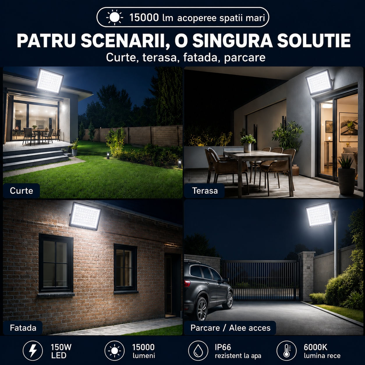 Proiector cu LED-uri de 150W, 15000LM, pentru exterior sau interior, IP66, din sticla mata anti-orbire — imaginea 7