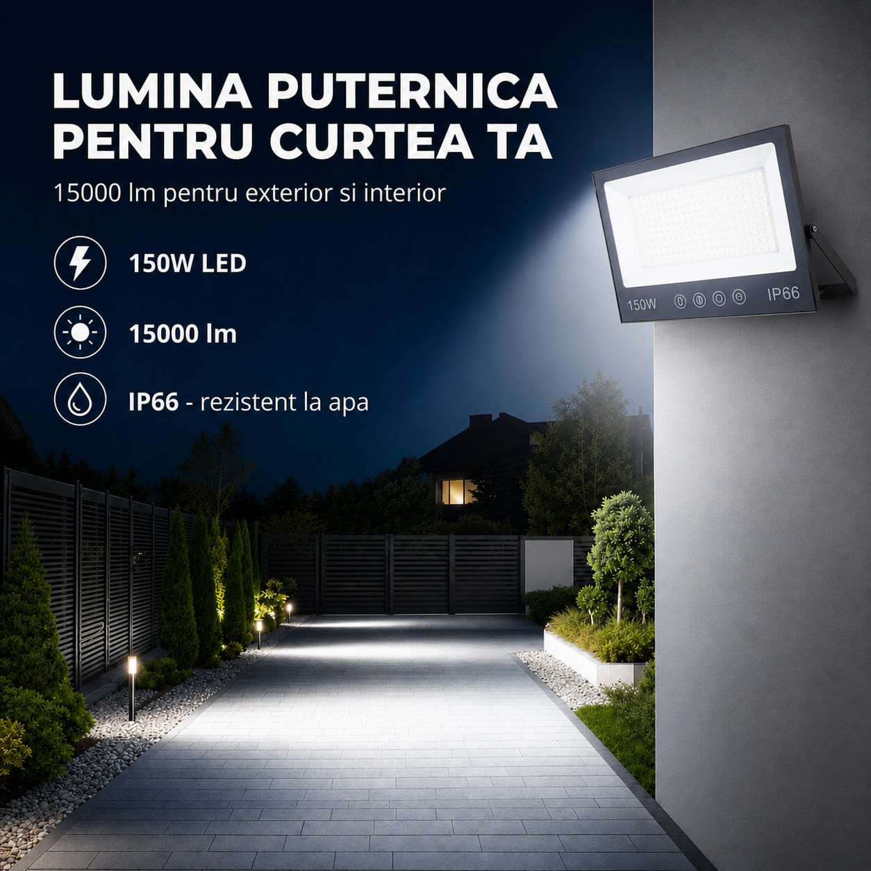 Proiector cu LED-uri de 150W, 15000LM, pentru exterior sau interior, IP66, din sticla mata anti-orbire — imaginea 8